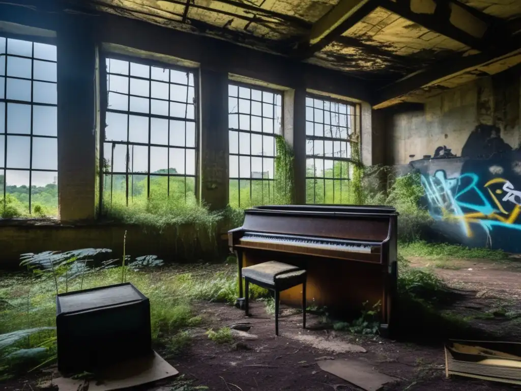 Explora la misteriosa atmósfera de un edificio abandonado con grafitis y restos de equipo musical, conectando con 'Música en lugares abandonados'.