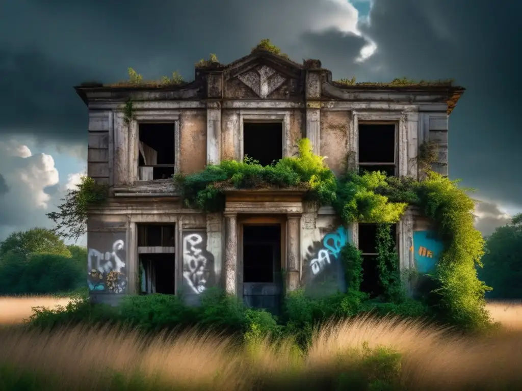 Explora la misteriosa belleza de acampar en lugares abandonados, con un edificio en ruinas y naturaleza salvaje.