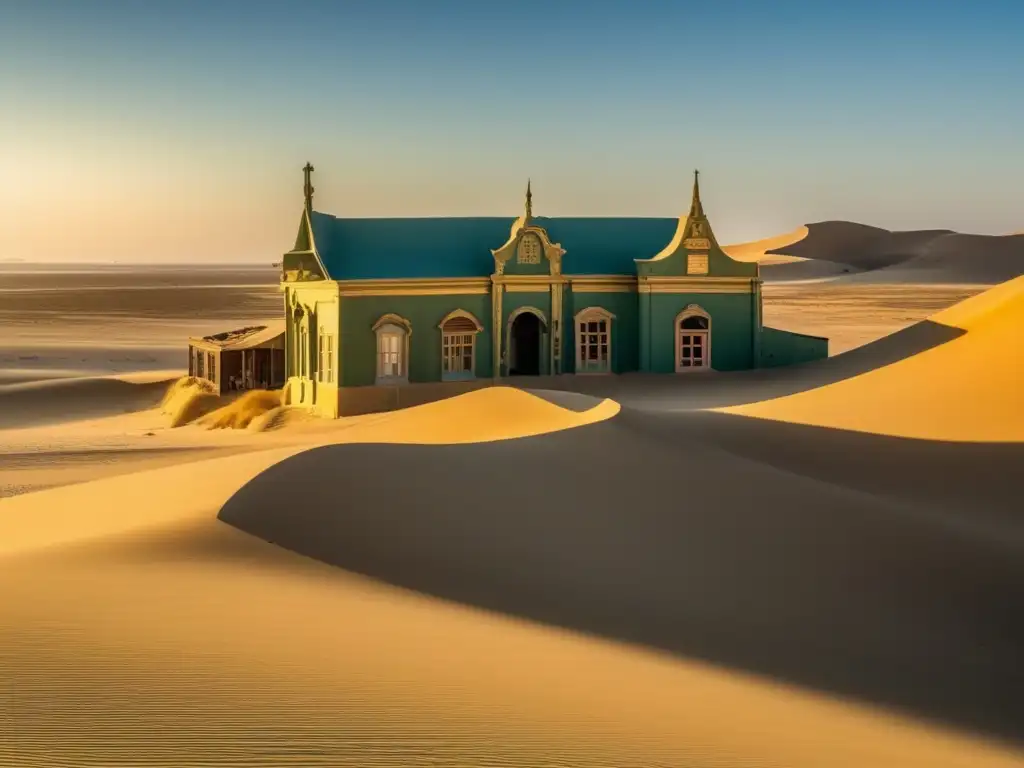 Explora la misteriosa belleza de Kolmanskop, Namibia, un pueblo minero abandonado, con edificios cubiertos de arena y un paisaje desértico.