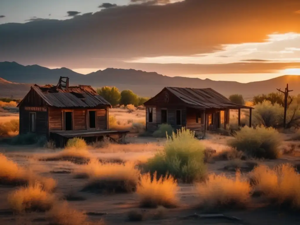 Explora la misteriosa belleza de un pueblo fantasma abandonado al atardecer. <b>Ideal para el turismo en ciudades fantasma abandonadas.