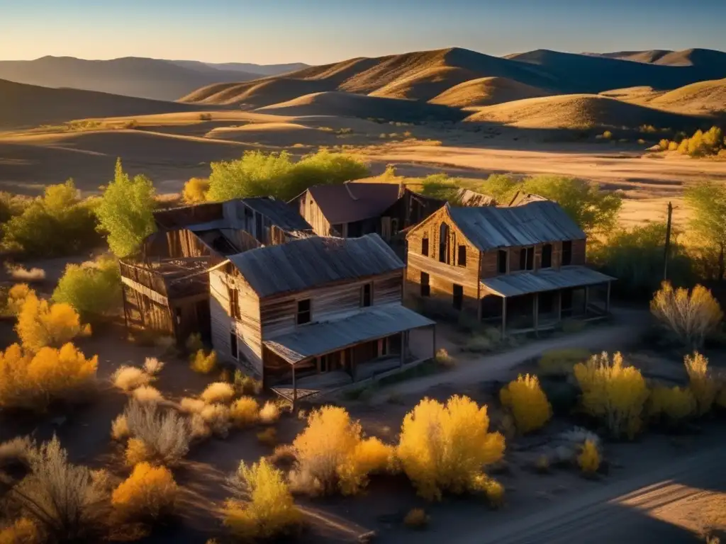 Explora la misteriosa belleza de un pueblo fantasma abandonado al atardecer. <b>Ideal para el turismo en ciudades fantasma abandonadas.