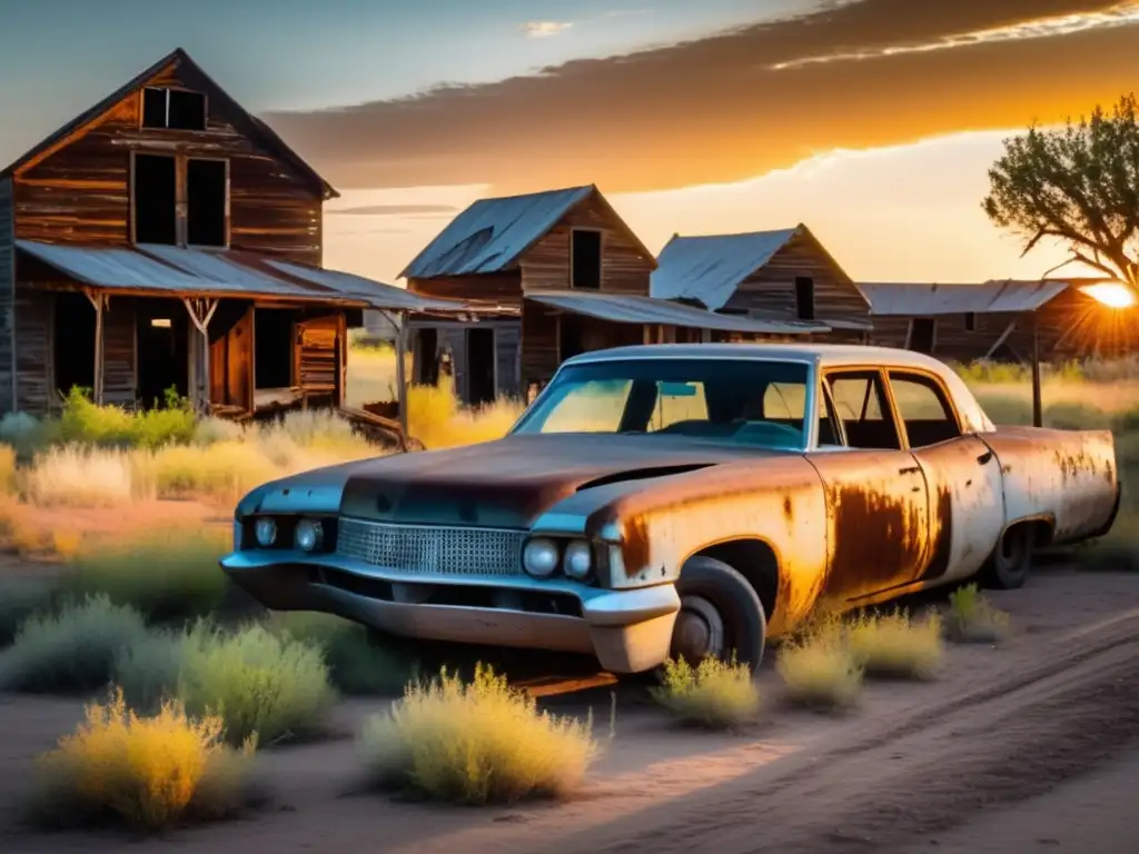 Un misterioso pueblo fantasma de Haynes al atardecer, con edificios en ruinas, autos oxidados y una atmósfera de abandono y misterio.