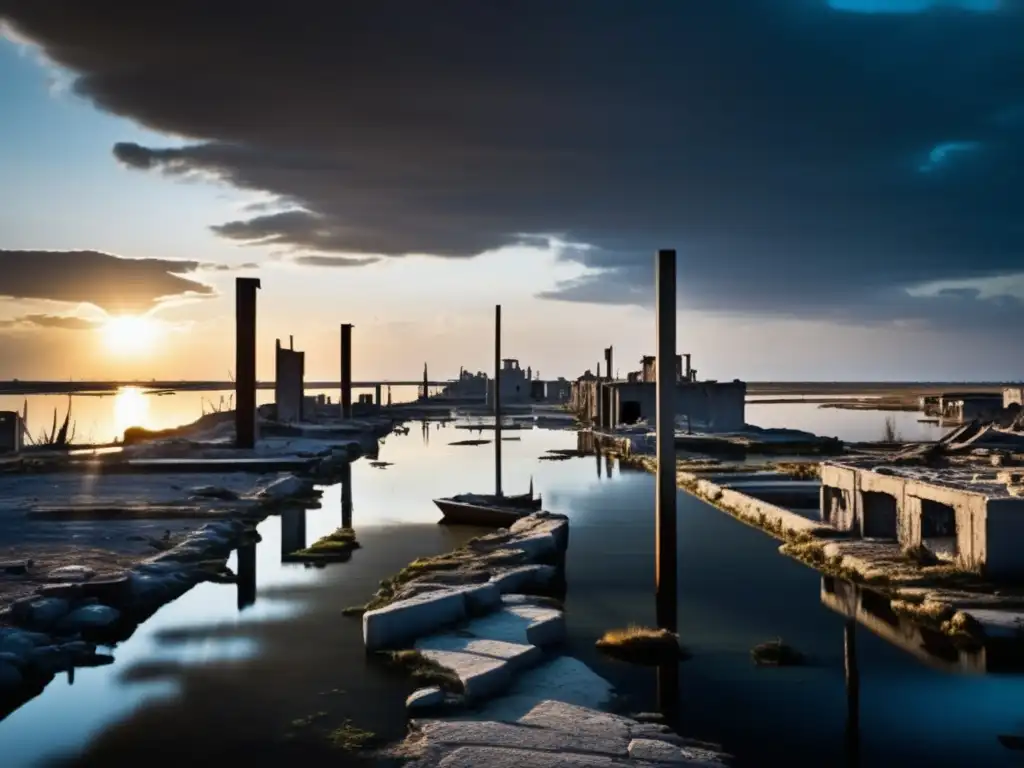 El misterioso resurgimiento de Epecuén, ciudad sumergida, revela sus ruinas bajo el agua iluminadas por rayos de sol.