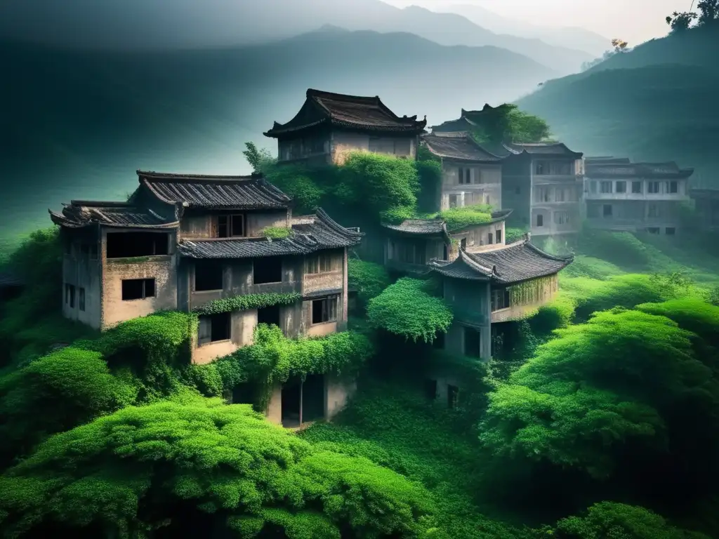 La mística aldea abandonada de Shengshan, China, fusionando naturaleza y estructuras, en una atmósfera de misterio y desolación. <b>Destino sorprendente aldea Shengshan China.