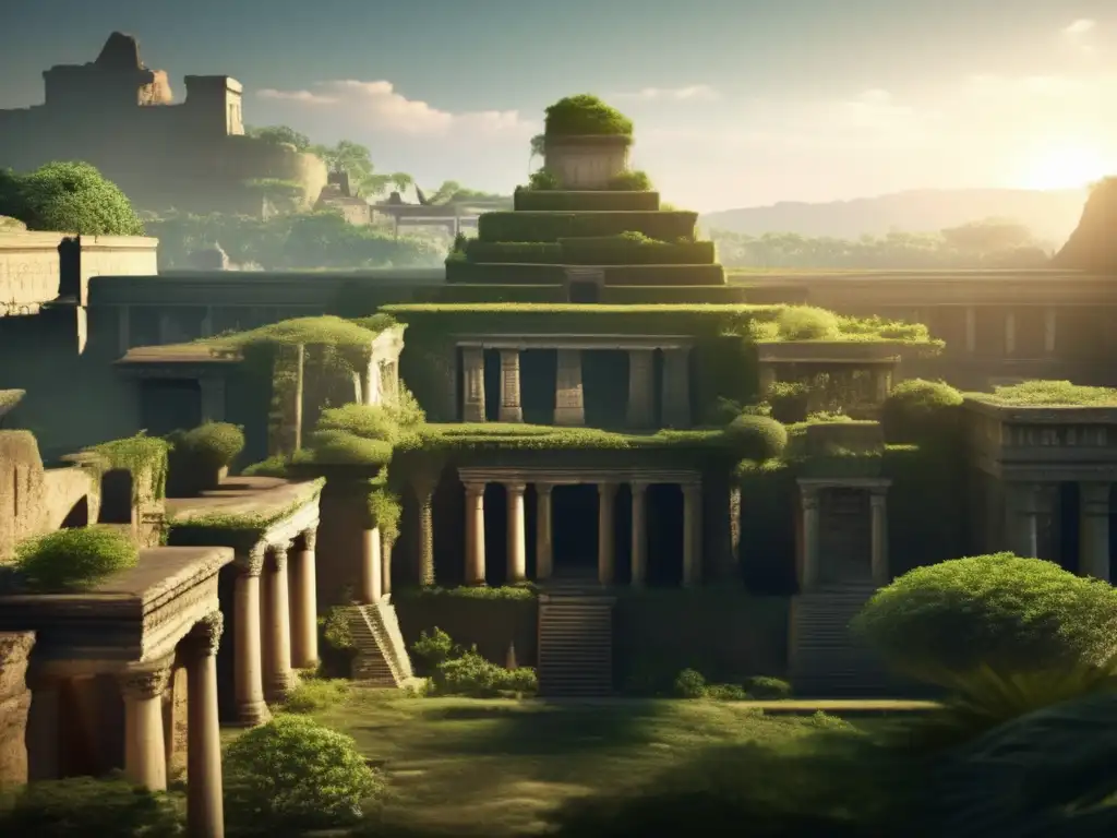 Modelado 3D de una ciudad antigua olvidada, con detalles arquitectónicos, vegetación y ruinas, evocando historia y exploración.