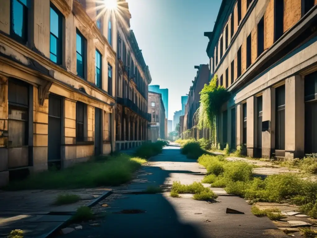 Modelado 3D en ciudades abandonadas: Una calle desierta con edificios en ruinas y vegetación invadiendo el paisaje urbano, bañada por la luz del sol.