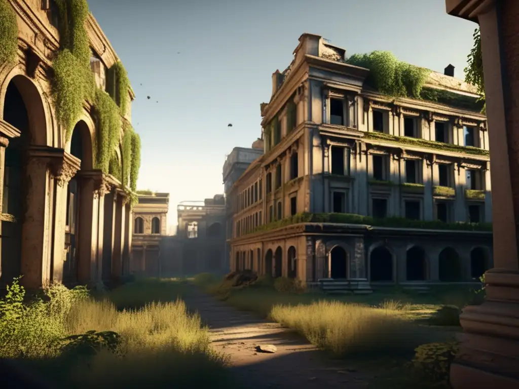 Modelado en 3D de ciudades abandonadas: Una ciudad abandonada con edificios en ruinas y vegetación exuberante, bañada por la luz del sol, evocando misterio y belleza desgarradora.
