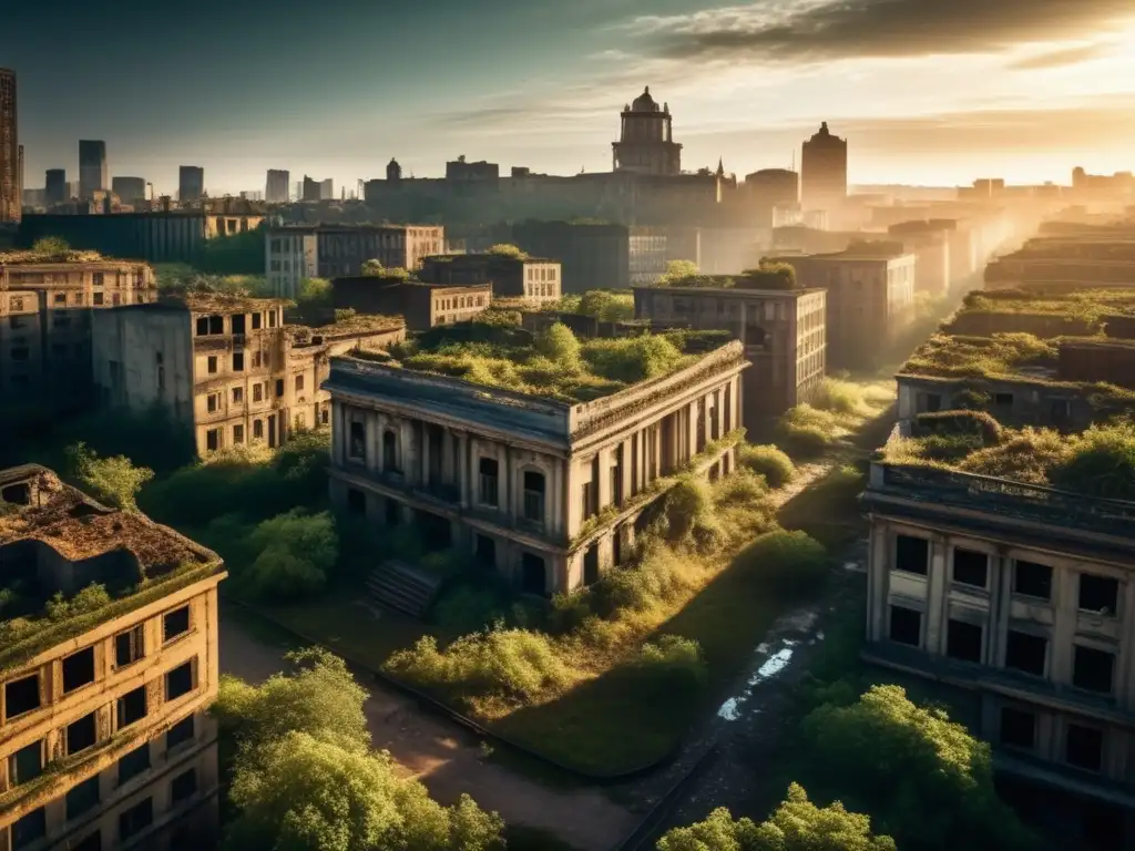 Modelado 3D en ciudades abandonadas: Imagen impactante de una ciudad desierta, con edificios en ruinas invadidos por la naturaleza.