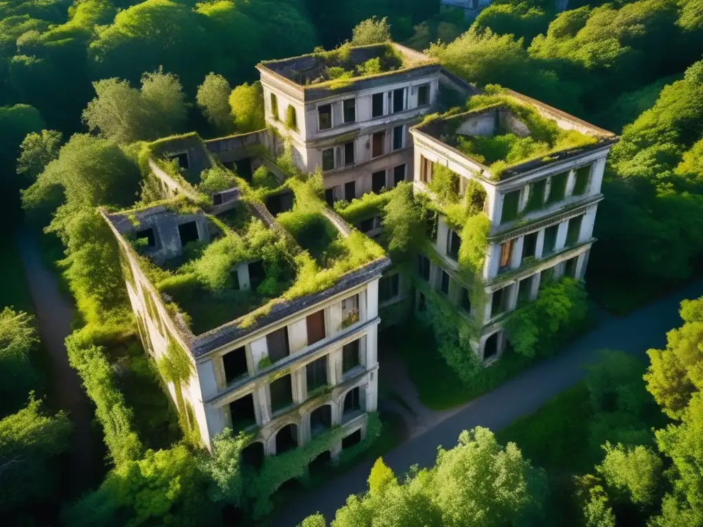 Un modelo 3D cartográfico de lugares olvidados, con edificios en ruinas y calles cubiertas por la naturaleza. <b>Una escena misteriosa que evoca el paso del tiempo.