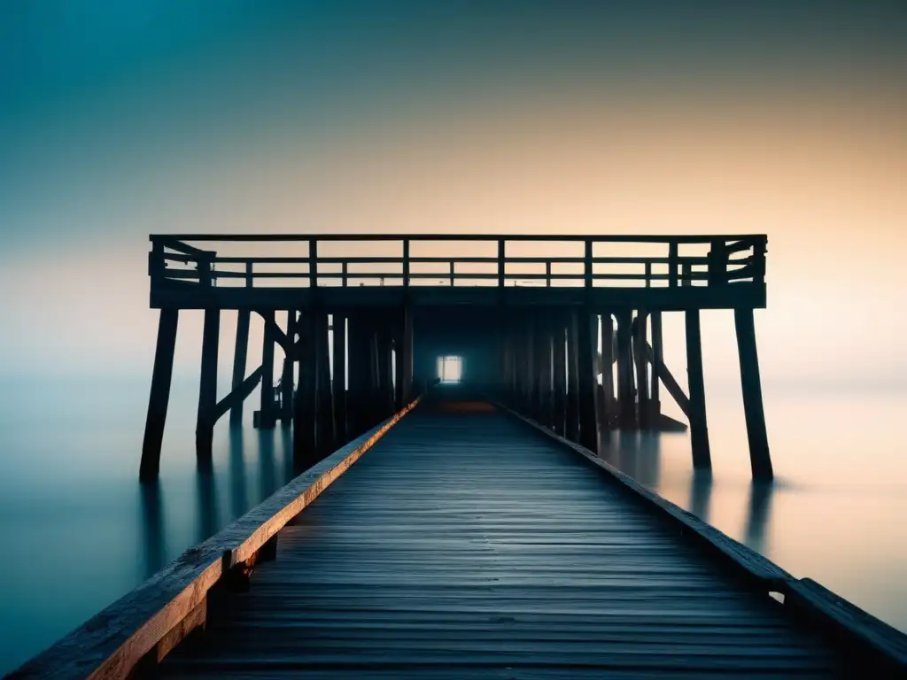 Un muelle abandonado se eleva entre la niebla sobre el lago Michigan, evocando misterio y nostalgia en los muelles olvidados del lago Michigan.