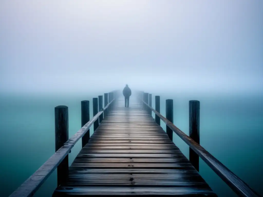 Un muelle olvidado se adentra en las aguas del lago Michigan entre la niebla, creando un escenario melancólico y sereno.