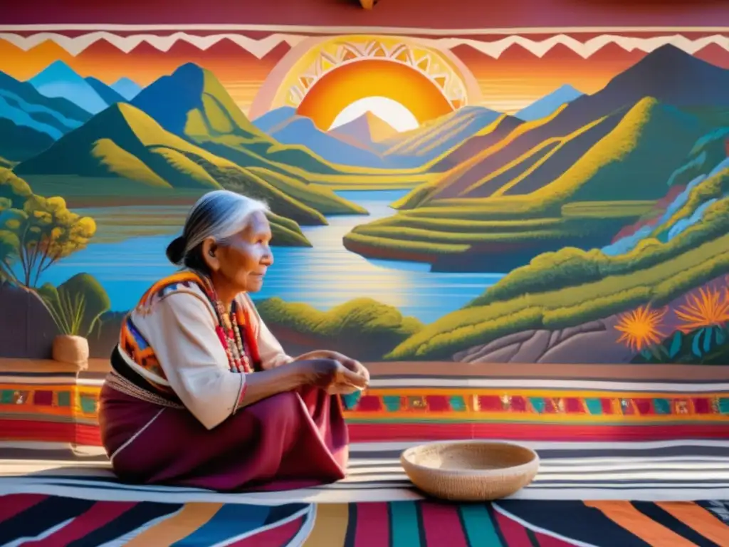 Una mujer anciana teje un textil con patrones mientras el sol ilumina su rostro arrugado y el mural de celebraciones perdidas de pueblos olvidados.