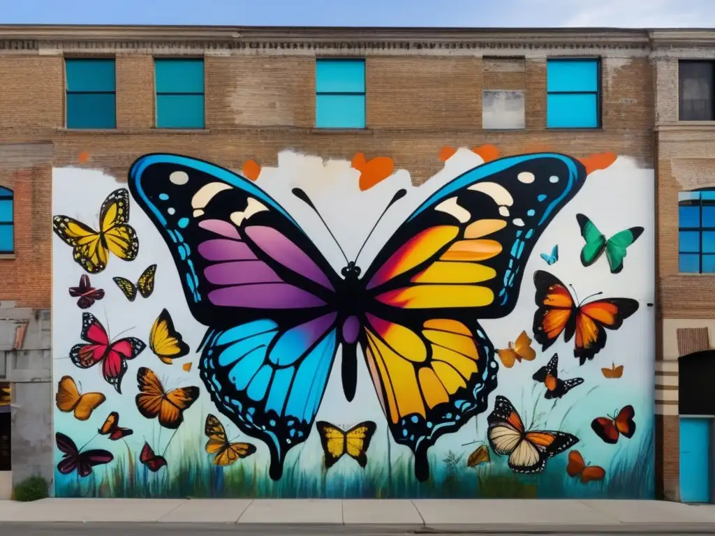 Un mural colorido de mariposas en un edificio abandonado destaca la revitalización de espacios urbanos abandonados con arte vibrante.