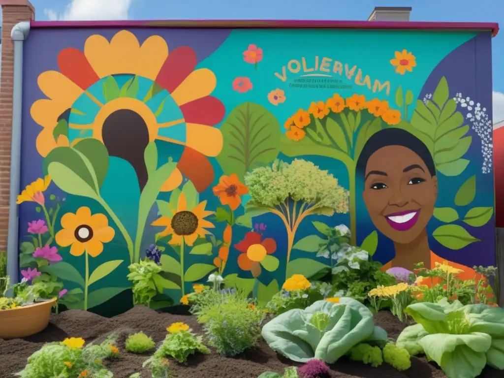 Un mural vibrante ilustra a personas diversas transformando un espacio urbano en un próspero jardín comunitario, con flores y vegetales coloridos en flor. Detalles realistas y expresiones emotivas capturan la esencia de la revitalización de espacios urbanos abandonados.