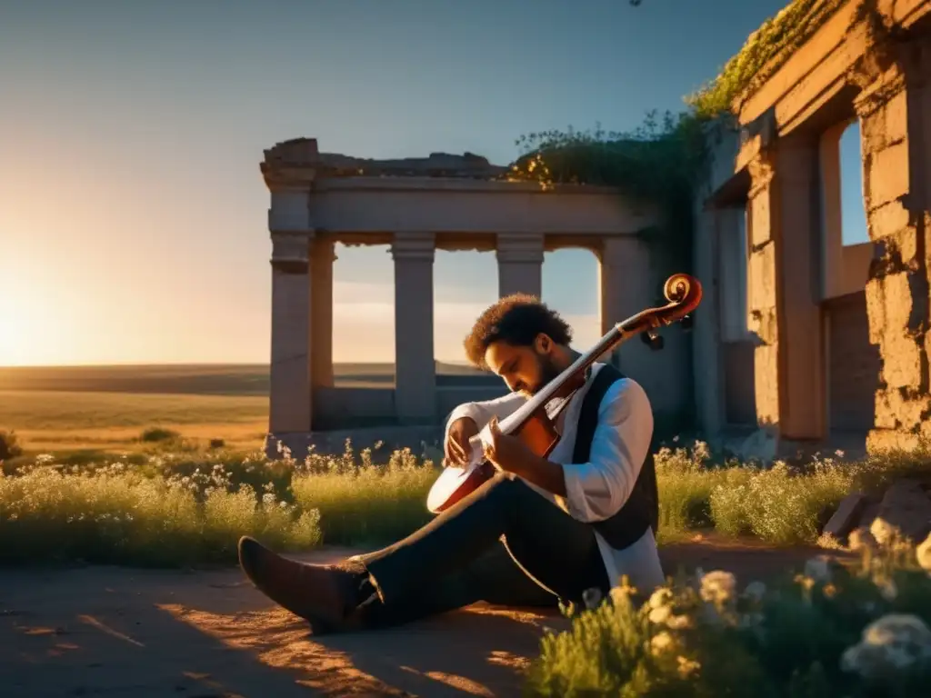 Un músico concentrado en su arte entre ruinas, bajo la luz del atardecer. <b>Música en lugares abandonados.