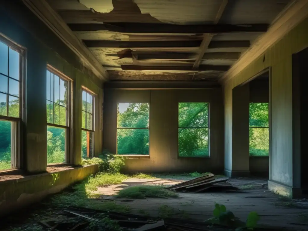 'Explora la narrativa visual en arquitectura abandonada a través de esta fotografía documental de alta resolución. <b>La imagen muestra un edificio en ruinas con detalles visuales impactantes como paredes en ruinas, ventanas rotas y vegetación descontrolada.</b> La luz y las sombras enfatizan la atmósfera