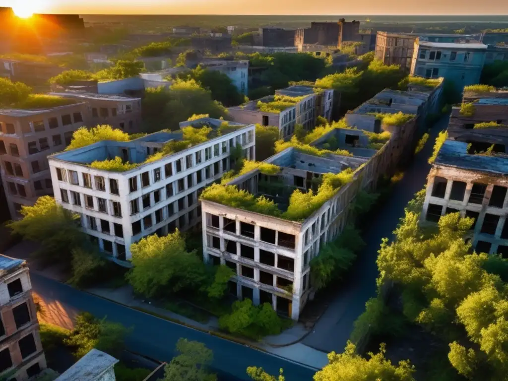 La naturaleza reclama una ciudad abandonada al atardecer, mostrando la preservación de la identidad cultural en ciudades fantasma.