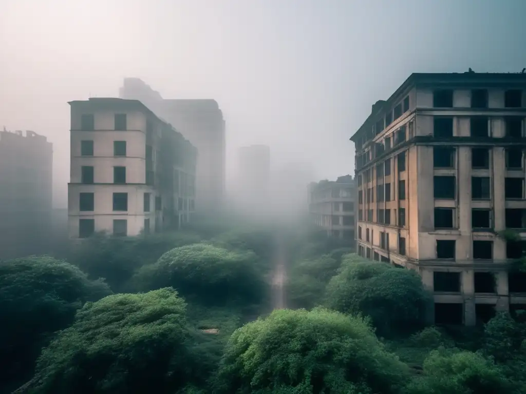 En la niebla, una ciudad abandonada emerge, sus edificios esqueléticos se alzan hacia el cielo. <b>Calles vacías invadidas por la vegetación.</b> <b>Una belleza inquietante envuelve la escena, testamento del paso del tiempo.</b> La paleta de colores apagados y la suave luz transmiten una