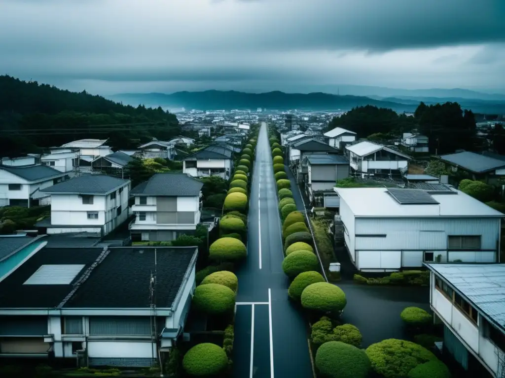 Fukushima: ciudad fantasma nuclear con calles abandonadas y naturaleza reclamando la ciudad. El cielo nublado añade atmósfera inquietante.