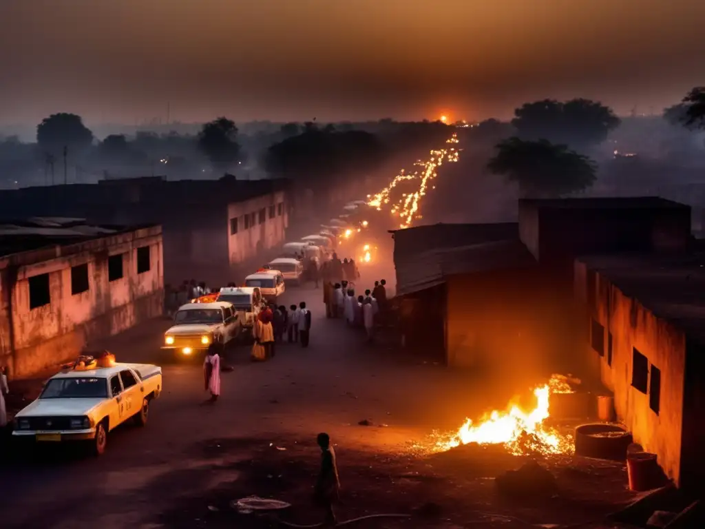 La oscura noche del desastre químico en Bhopal: calles iluminadas por luces de emergencia, personas con mascarillas, fuego y caos.