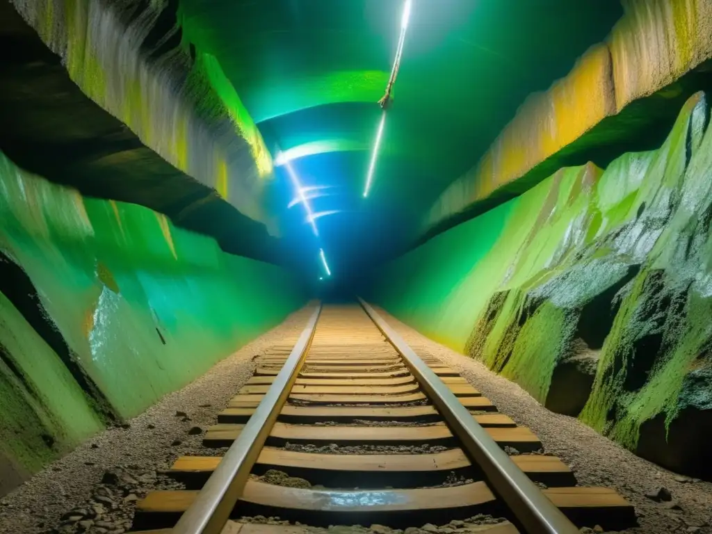 En la oscuridad de las minas de esmeraldas abandonadas en Colombia, un solitario pico de minero descansa en un túnel iluminado por tenues luces, donde vetas de minerales verdes y azules serpentean por las paredes rocosas. El ambiente está impregnado de polvo y