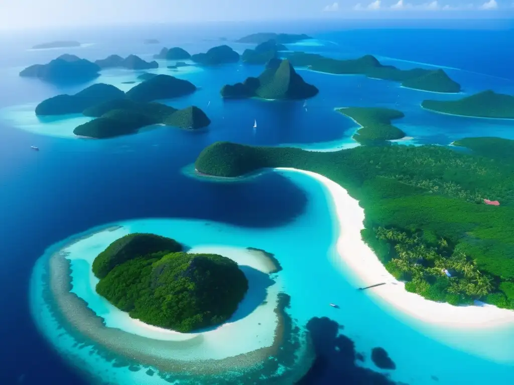 Un paisaje aéreo impresionante de las dispersas Islas Bijagós en Guinea-Bissau, con exuberante vegetación, playas de arena y aguas turquesas. <b>El sol brinda un resplandor dorado sobre el paisaje, creando sombras y reflejos.</b> Las ruinas misteriosas