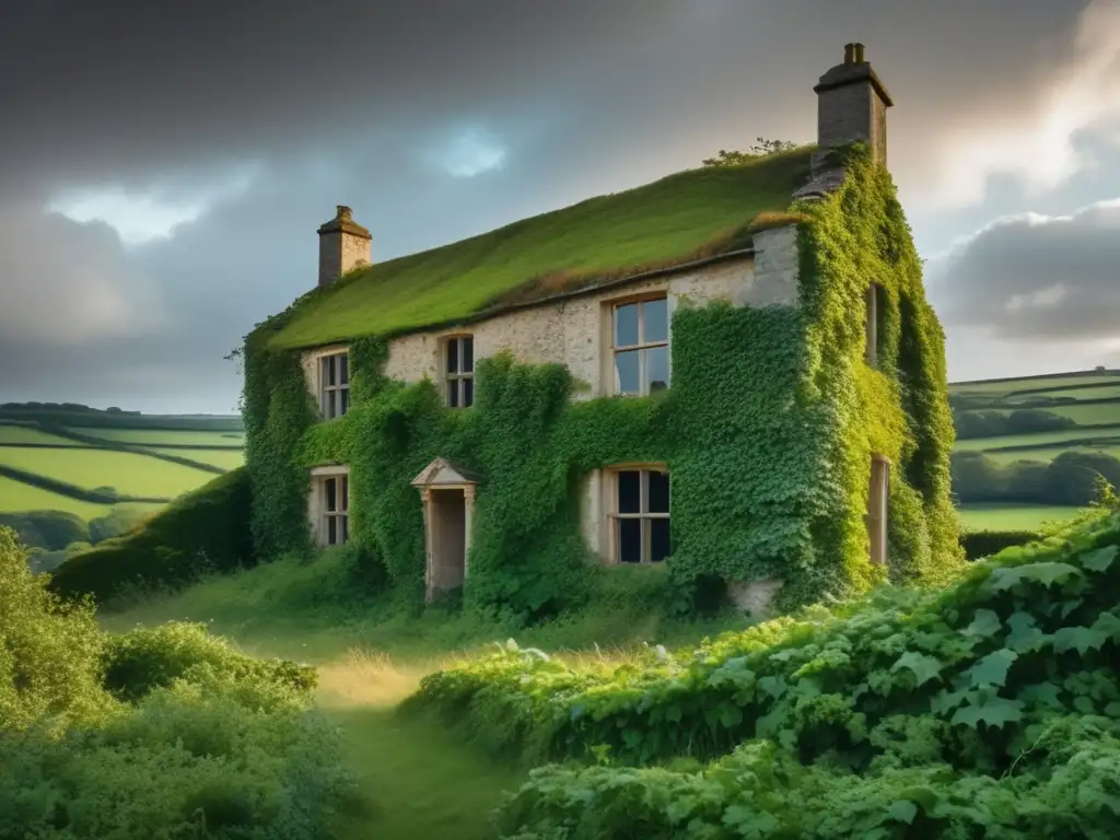 Un paisaje desolado de la abandonada aldea de Tyneham, con edificios en ruinas cubiertos de hiedra y rodeados de vegetación. El cielo dramático realza la belleza inquietante de las estructuras desiertas, revelando destellos del trágico destino de la isla pesqu