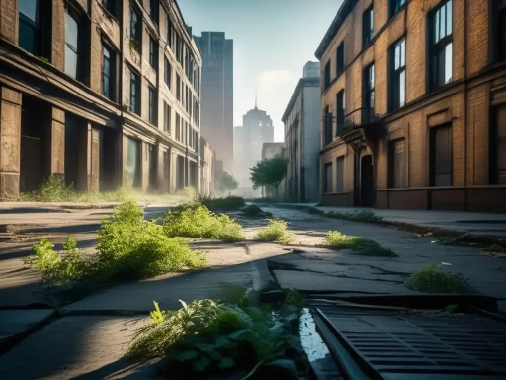 Un paisaje desolado de una ciudad abandonada, con pavimento agrietado, plantas silvestres y edificios desiertos. <b>La luz del sol se filtra a través de las ventanas rotas, arrojando sombras inquietantes en la calle vacía.</b> Polvo y escombros esparcidos crean