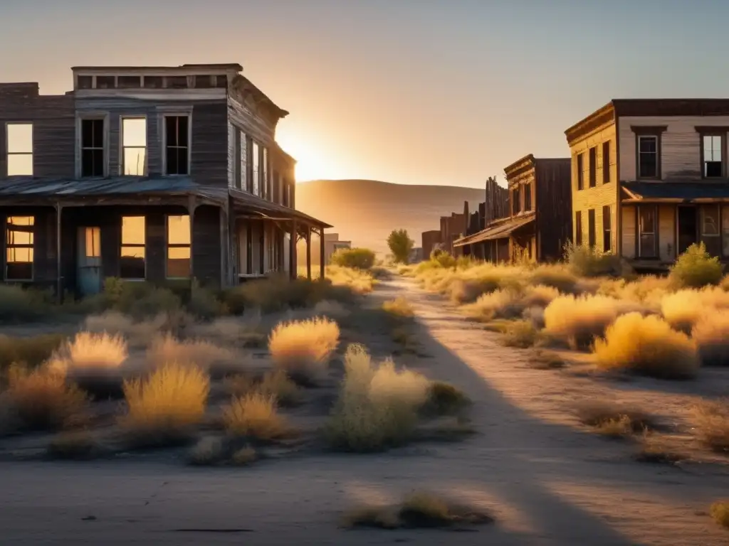 Un paisaje desolado en una ciudad fantasma, con edificios en ruinas y naturaleza reclamando su espacio. <b>Acampar en ciudades fantasma.