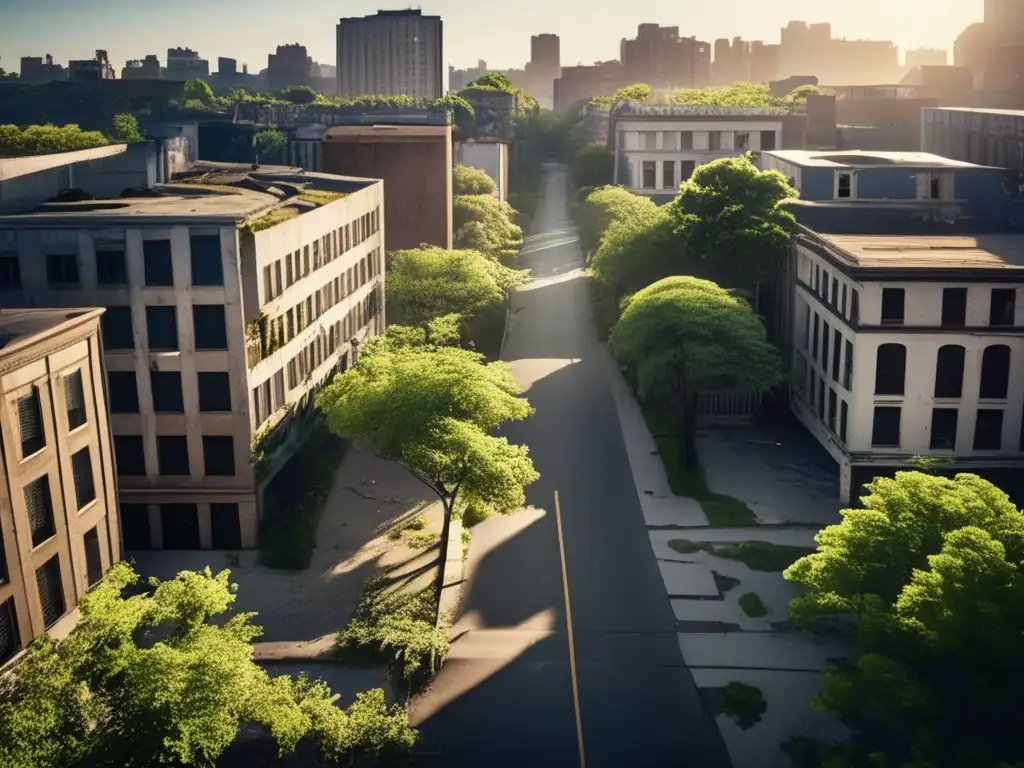 Un paisaje desolado de una ciudad invadida por la vegetación, mostrando avances en mapeo 3D lugares desolados.