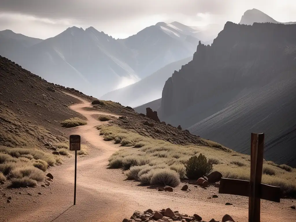 Un paisaje desolado en La Desolación de Independence, Colorado, con picos neblinosos y una figura solitaria junto a un letrero. La atmósfera es misteriosa y melancólica.