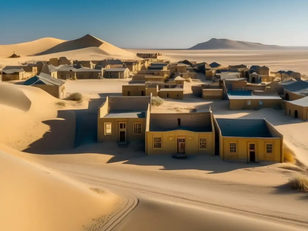 Un paisaje desolado en Kolmanskop, ciudad fantasma, muestra edificios abandonados entre arenas, evocando belleza y melancolía.