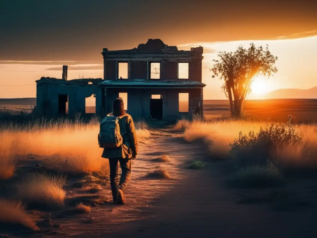 Un paisaje desolado y abandonado con edificios en ruinas y vegetación descontrolada. El sol se pone en el fondo, proyectando un brillo inquietante sobre la escena. <b>Una figura solitaria observa el paisaje con curiosidad y temor.</b> La imagen evoca una sensación de aislamiento