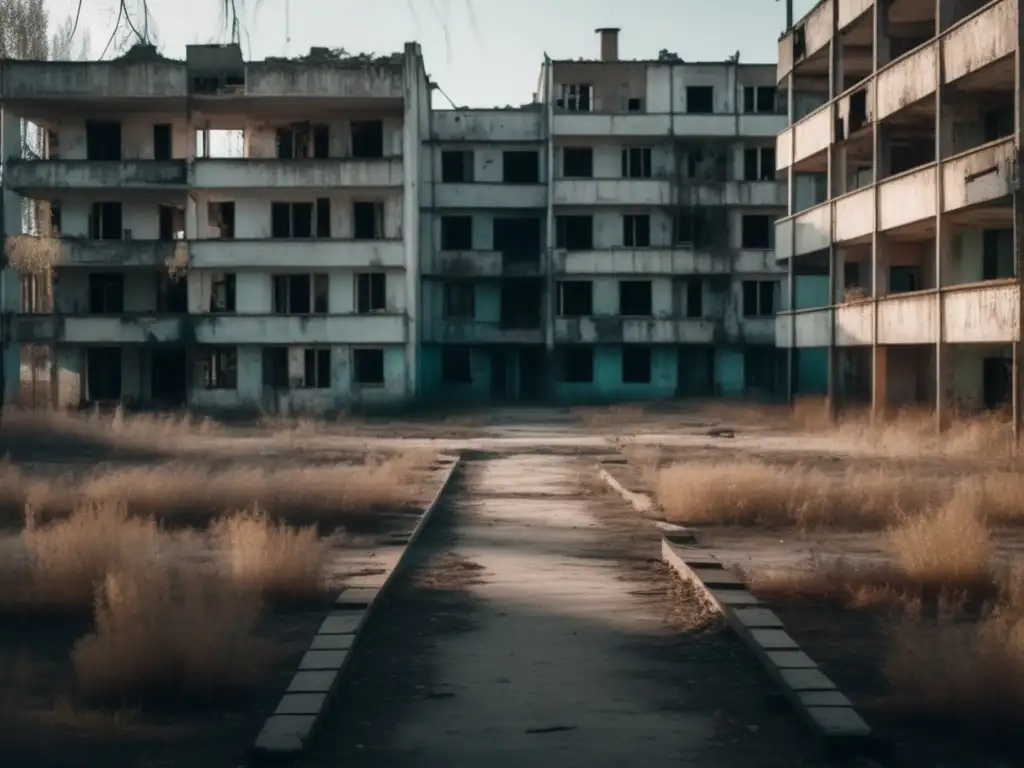 Un paisaje desolado de Prypiat con vegetación exuberante, edificios en ruinas y un silencio inquietante. <b>Un parque infantil oxidado y columpios vacíos meciéndose en el viento.</b> La paleta de colores apagados y los contrastes entre luz y sombra evoc