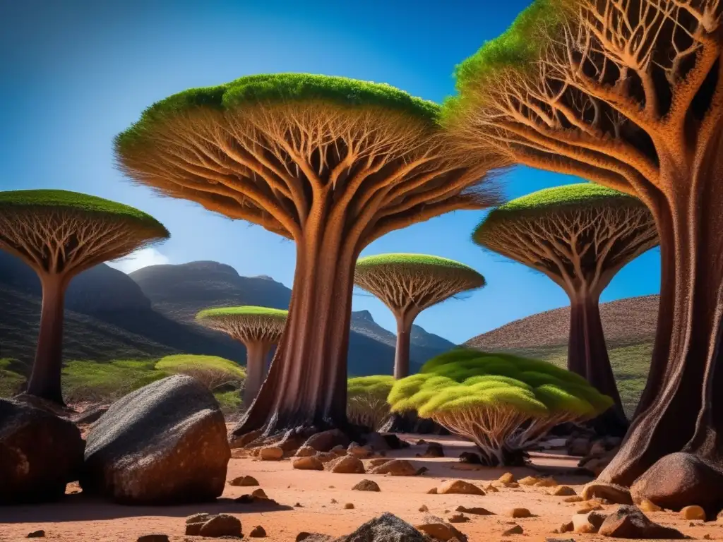 Un paisaje impresionante con los árboles de sangre de dragón en la remota isla de Socotra, Yemen, destacando su belleza única.