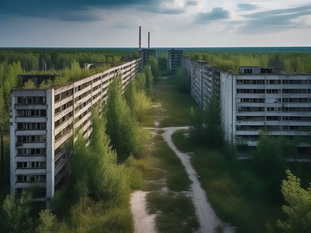 Un paisaje impresionante de Pripyat en Chernóbil, destino turístico educativo, con calles desiertas y edificios en ruinas, en contraste con la naturaleza que reclama su espacio.