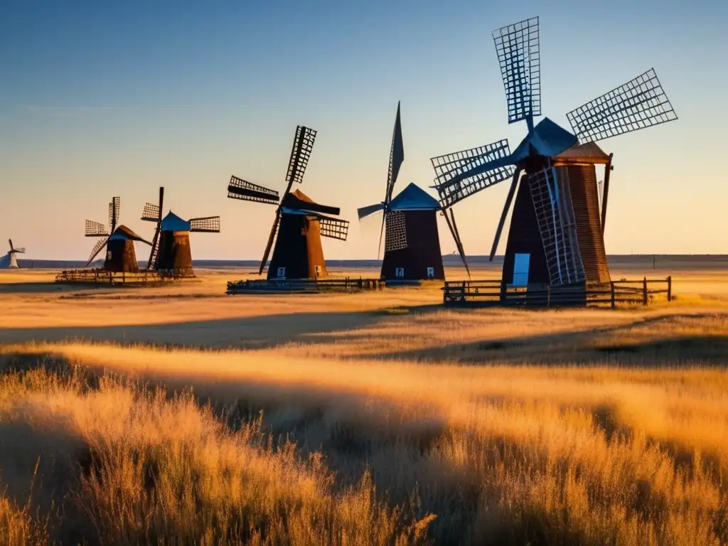 Un paisaje impresionante de la pradera de Texas con molinos de viento abandonados, evocando nostalgia y grandiosidad.