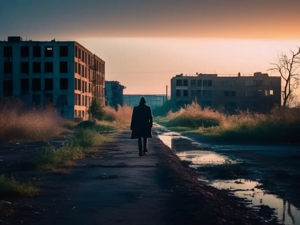 Un paisaje urbano abandonado al atardecer, con edificios desolados y una figura solitaria. Postprocesamiento digital para fotos urbanas.