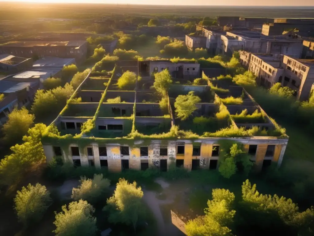 Un paisaje urbano abandonado en el atardecer, con edificios en ruinas y naturaleza invadiendo. <b>Modelado 3D preservación sitios abandonados.