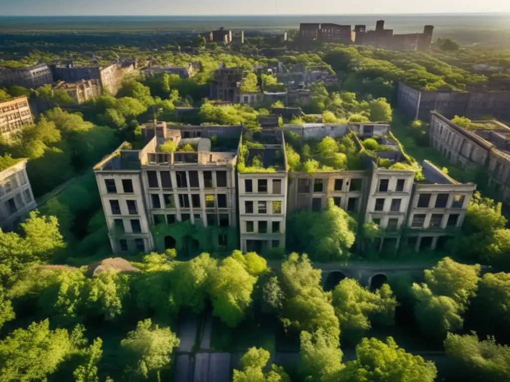 Un paisaje urbano abandonado capturado en alta resolución, mostrando el modelado 3D en ciudades abandonadas y la belleza melancólica de la decadencia urbana.