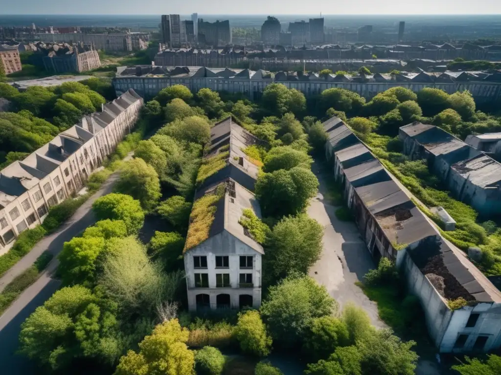 Un paisaje urbano abandonado capturado con drones, mostrando la naturaleza reclamando la ciudad. <b>Documentación de ciudades olvidadas con drones.