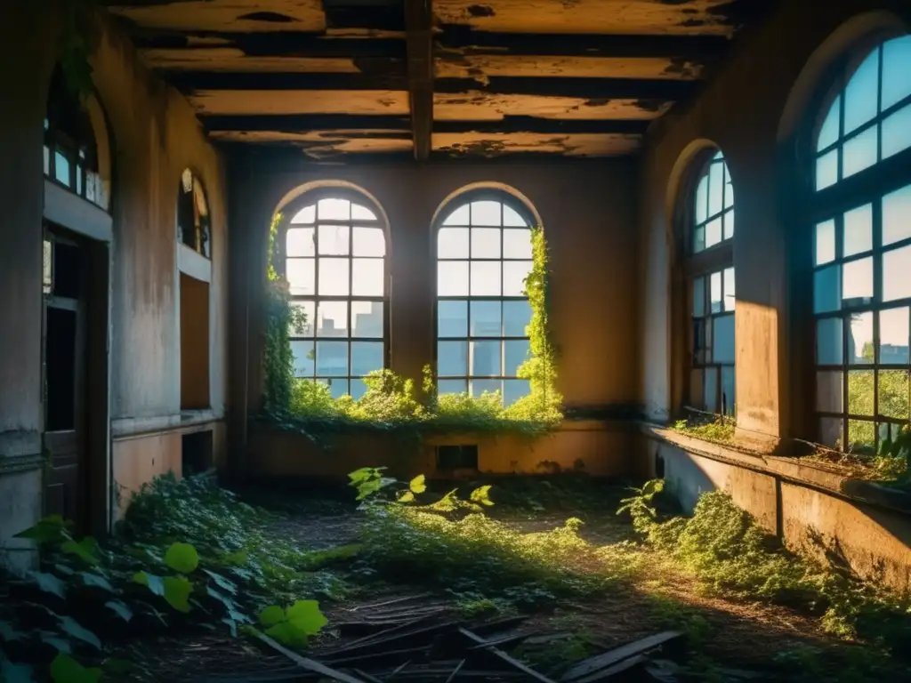 Un paisaje urbano abandonado, cubierto de vegetación, con un aura de melancolía y misterio. <b>Conservación ciudades fantasma lugares abandonados.