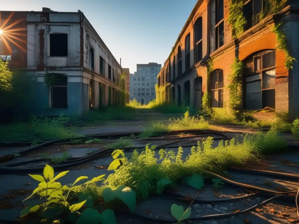 Un paisaje urbano abandonado y cubierto de vegetación, con edificios en ruinas y restos de actividad humana. <b>La luz suave del atardecer crea una atmósfera inquietante y tranquila.</b> La naturaleza reclama los edificios, creando una impactante fusión de ruina y naturaleza.