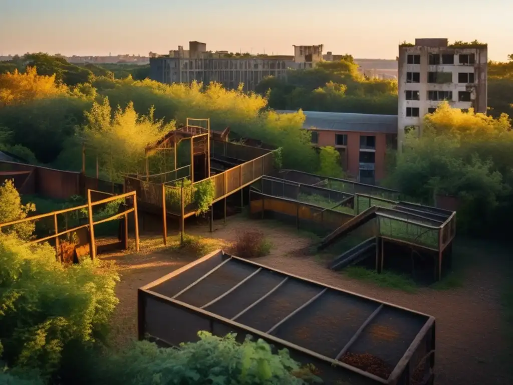 Un paisaje urbano abandonado con edificios en ruinas y vegetación exuberante. <b>La luz dorada del atardecer crea una atmósfera inquietante.</b> En primer plano, un parque infantil oxidado evoca la nostalgia y la reflexión sobre el paso del tiempo. Conservación de ciudades fantasma y cápsulas