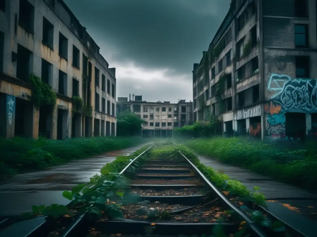 Un paisaje urbano abandonado con edificios en ruinas cubiertos de enredaderas y graffiti. Los colores apagados y el cielo nublado crean una atmósfera inquietante, mientras que la luz y la sombra generan misterio. En primer plano, la desolación se hace evid