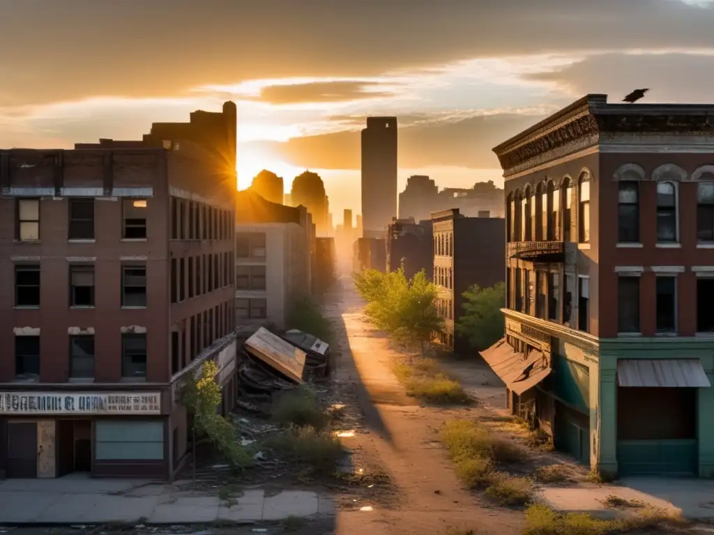 Un paisaje urbano abandonado con edificios en ruinas y calles cubiertas de maleza. <b>El sol se pone en el fondo, proyectando un brillo misterioso sobre los restos fantasmales del centro urbano.</b> Ventanas polvorientas y fachadas rotas cuentan la historia de un pasado olvid