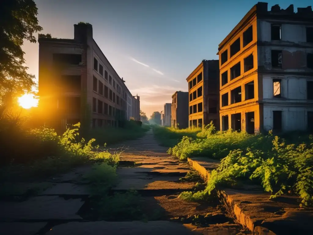 Un paisaje urbano abandonado, con edificios en ruinas y vegetación desbordante, evocando melancolía y misterio. <b>Cuentos ciudades fantasma abandonadas.