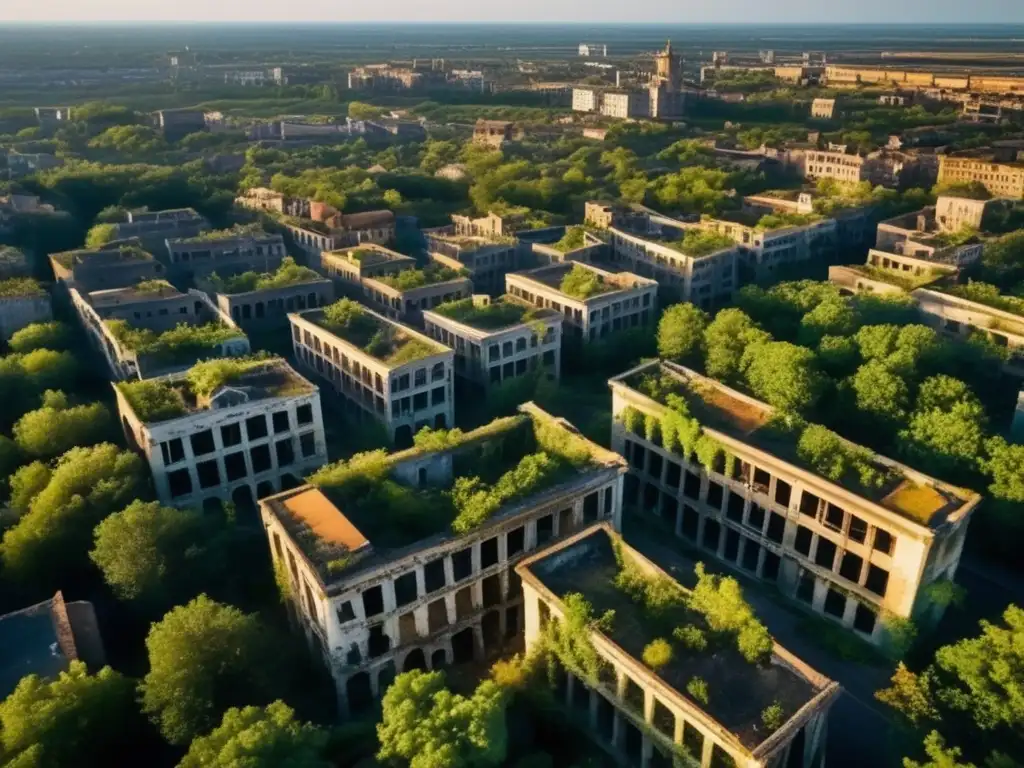 Un paisaje urbano abandonado, con edificios en ruinas y calles cubiertas de vegetación, destila una belleza inquietante. <b>La luz suave del crepúsculo realza la atmósfera melancólica de la ciudad olvidada.</b> La imagen captura el misterio y el paso del tiempo