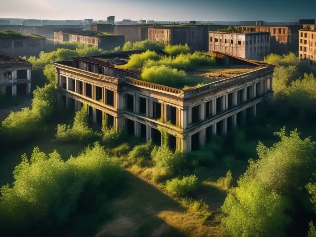 Un paisaje urbano abandonado, con edificios en ruinas y vegetación silvestre, evocando misterio y desolación. <b>Ideal para el turismo de exploración en ciudades fantasma.