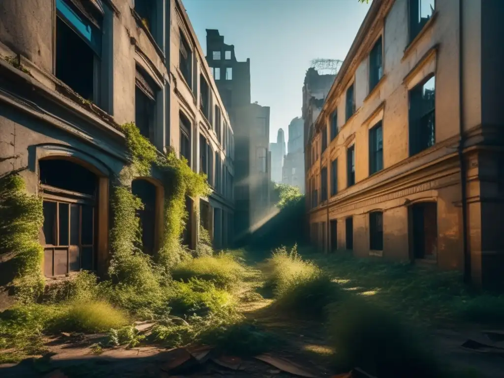 Un paisaje urbano abandonado en 8k, con edificios en ruinas y vegetación exuberante. La luz del sol se filtra a través de ventanas rotas, creando sombras largas en las desoladas calles. La imagen evoca el misterio y la fascinación de los lugares olvidados,